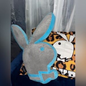 Gray & Blue Bunny Head Accent Pillow New Logo Giant Stuffed Plushie Rare